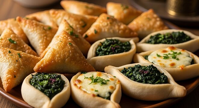 authentic middle eastern savory pastries featuring crispy sambousek spinach and cheese fatayer served on a rustic wooden plate.