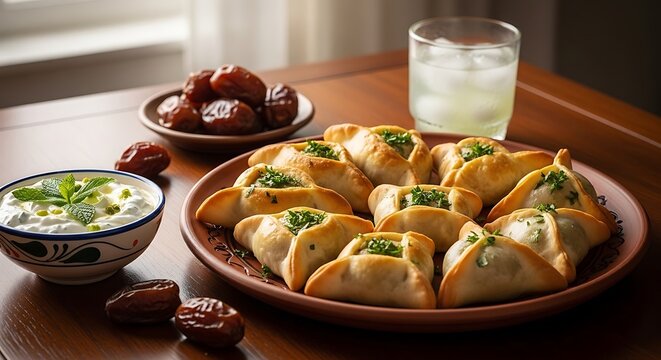 delicious middle eastern fatayer pastries with a fresh yogurt dip and dates arranged on a wooden table for a traditional culinary experience.