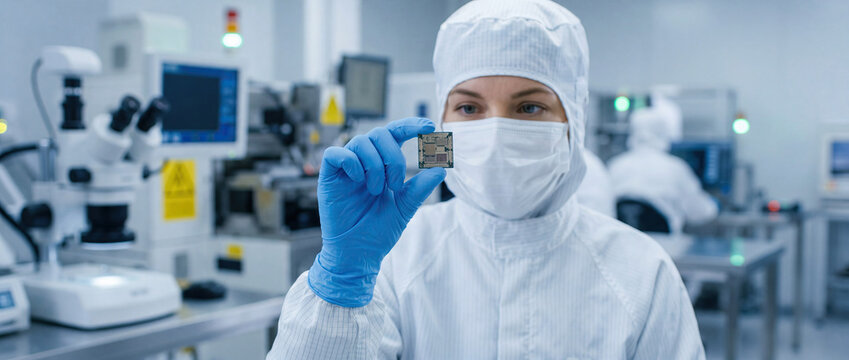 Female Semiconductor Engineer Inspecting Microchip in Laboratory
