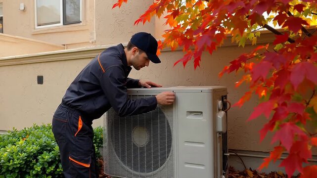 Man servicing outdoor air conditioning unit