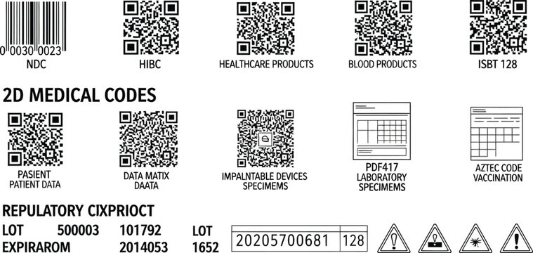 A collection of various 2D medical barcodes and tracking labels displays NDC, HIBC, and other regulatory identification codes for healthcare inventory.