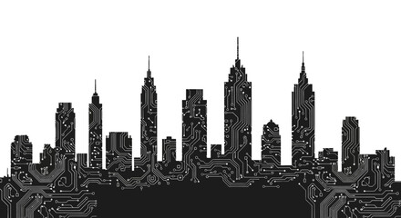 Fototapeta premium Futuristic Cityscape Skyline with Circuit Board Design