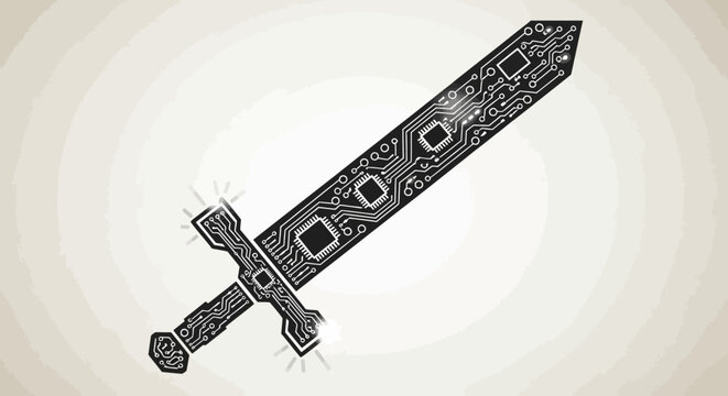 Digital Sword, Technology Weapon, Cyber Security Concept, Electronic Circuit Blade