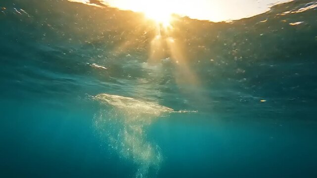 Sun rays penetrate clear blue water illuminating vibrant coral and colorful fish beneath surface