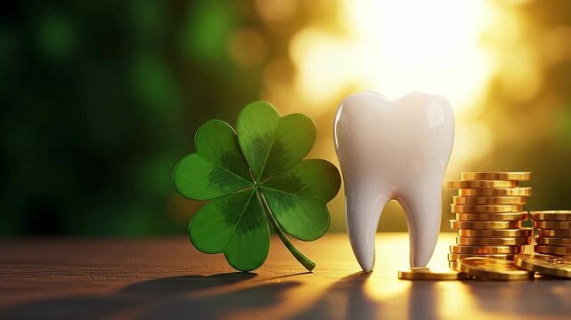 Lucky four leaf clover and tooth with gold coins for St. Patricks Day celebration. Dental health and prosperity for greeting card design.