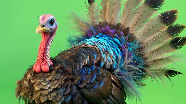 Colorful turkey with fanned tail feathers
