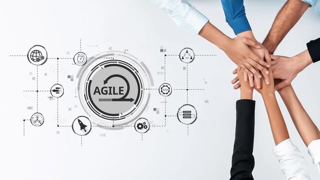 A powerful image highlighting teamwork and agile methodology with diverse hands stacked together, symbolizing unity, efficient collaboration, and innovative strategies in business. Raster