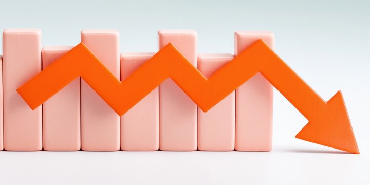 Financial Downward Trend Chart with Red Arrow Pointing Down Representing Economic Recession and Market Crash in Studio Setting with Clean White Background