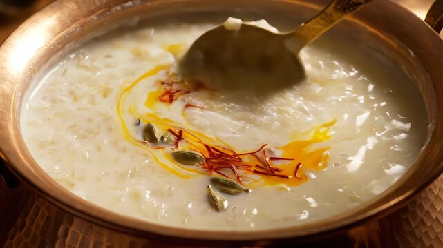 Rich creamy rice pudding dessert with saffron cardamom and ghee in a traditional copper bowl with a ornate spoon stirring the sweet milky mixture detailed macro shot with warm ambient lighting and