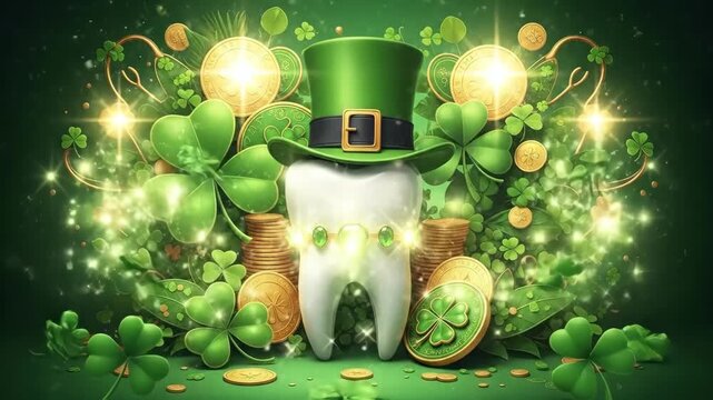 A white tooth with emerald gems and a green leprechaun hat. Dental health and St. Patricks Day celebration. Oral care concept.