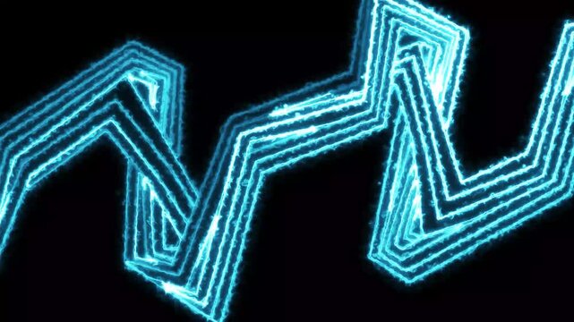 Abstract cyan blue neon glowing electric zigzag ribbon lines animation on black background 4k