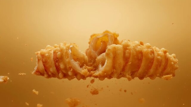 close up shot of a partially eaten fried calamari on gold background