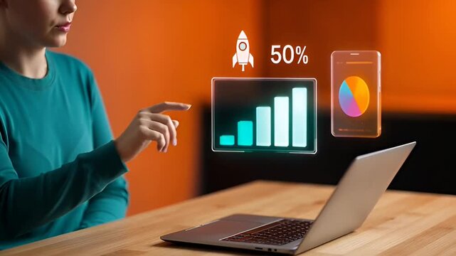 Man analyzing business data on laptop with interactive charts.