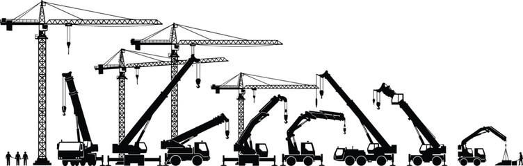 Construction machinery silhouettes set cranes excavators trucks industrial equipment