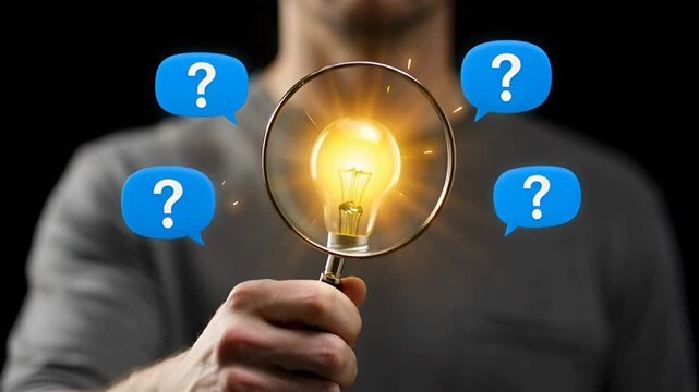 Man holding magnifying glass with glowing light bulb and question marks.