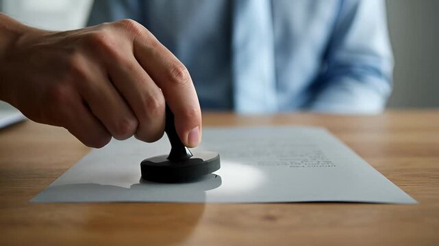 Hand holding a stamp on a document on a wooden table.