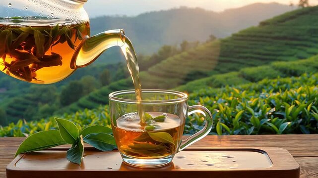 Tea pouring into cup with tea fields
