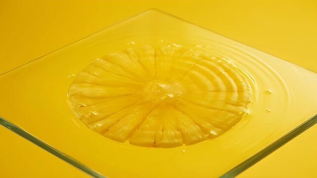 Golden pineapple core on a glass surface surrounded by water ripples