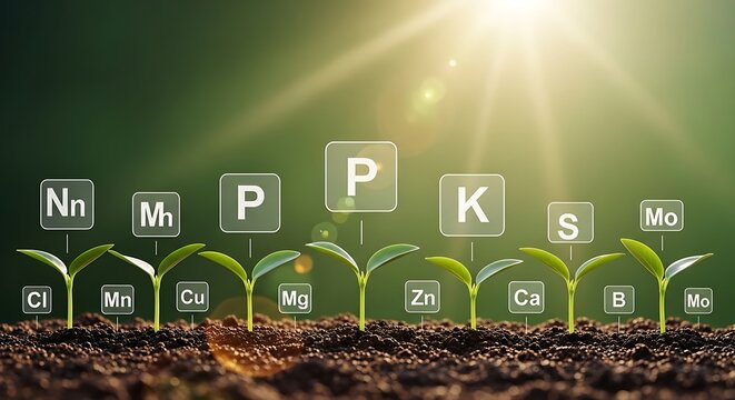 Young plant seedlings growing in soil with chemical element symbols showcasing essential nutrients for healthy agriculture and plant growth under sunlight