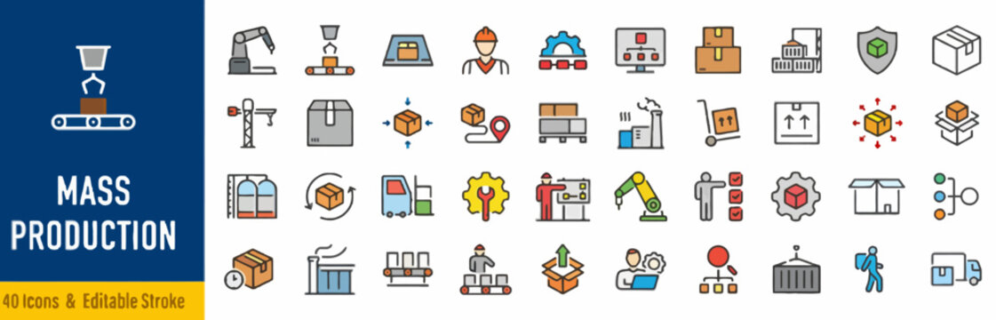 Mass production icons collection featuring industrial symbols and machinery in a modern flat design style