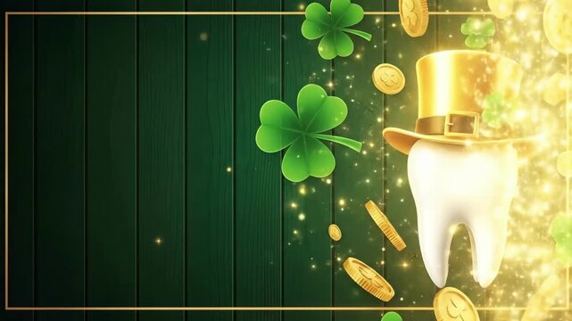 White tooth with a golden leprechaun hat and shamrocks over green wood background. Dental St. Patricks Day celebration backdrop for treatment ads.