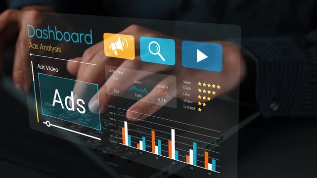 Interactive dashboard displaying ad analysis metrics with graphs, charts, buttons, and hands typing on a keyboard in a modern workspace setting Gluon.