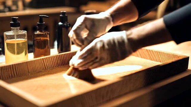 Craftsman applying finishing touches to wooden tray