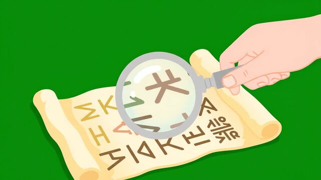 Ancient Script Magnified by Handheld Lens on Parchment Scroll.