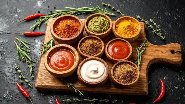 Assorted Spices and Herbs in Wooden Bowls on Cutting Board.