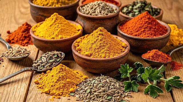 Assorted Spices and Herbs in Wooden Bowls.