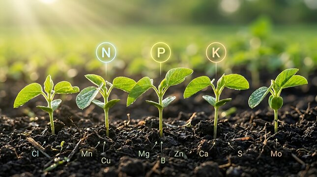 Young green plants growing in soil with essential nutrient symbols highlighting nitrogen phosphorus and potassium for healthy crop growth