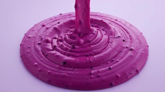 Vibrant purple cream substance being poured, possibly a dessert topping or slime