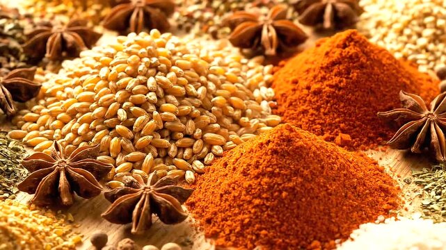 Assorted Spices and Seeds Displayed Closely.