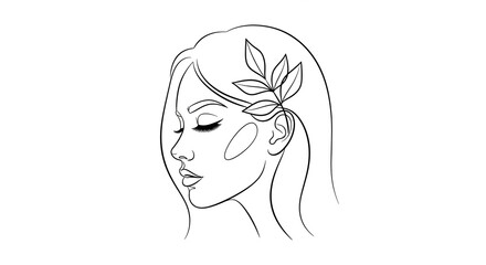 Serene woman with leaves in hair elegant black and white line art illustration peaceful facial expression simple background artistic portrait