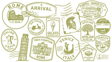Vintage italy travel passport stamp collection with italian landmarks and food symbols for tourism, vacation and european travel design