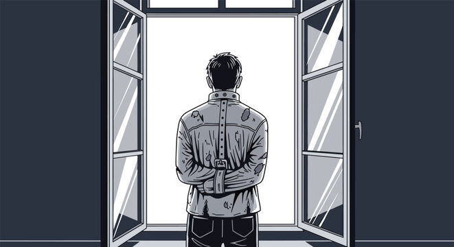 Back view of a man wearing a straitjacket standing in front of an open window looking out at bright light and hopeful future.