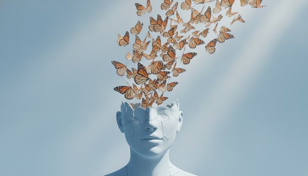 butterflies, mind, creativity, freedom, mental health, concept, transformation showing a cracked human head with orange monarch butterflies flying out against a blue background.
