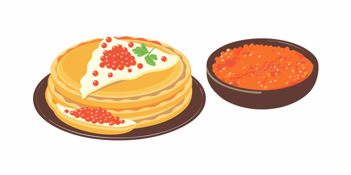 A stack of pancakes with salmon roe and a side of orange jam