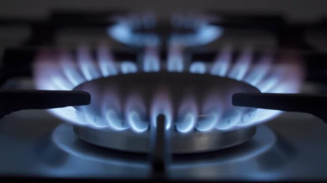 A gas flame on a stove in the kitchen. Symbol for the use of natural gas as an energy source.
