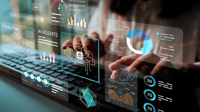 Futuristic Interface with Charts, Graphs, and AI Concepts Displayed on a Glass Screen While Someone Types on a Keyboard in a Modern Workspace Gluon.