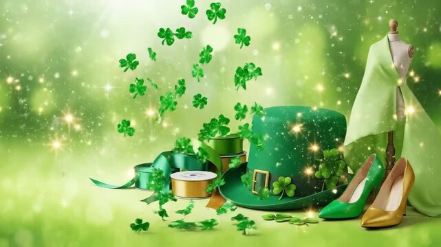 St Patrick's Day leprechaun hat, high heel shoes on green background. Holiday fashion accessory and festive celebration concept.
