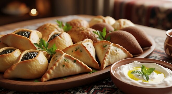 traditional middle eastern pastries including spinach fatayer and kibbeh served on a wooden board with creamy labneh and fresh mint.