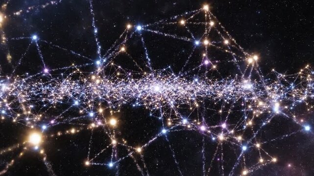 A complex network of interconnected nodes and lines, viewed from a futuristic perspective, illustrating technology and data exchange in a dark environment.