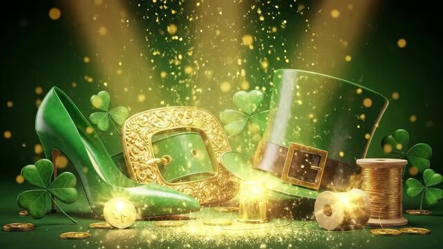 St Patricks Day celebration with green shoe, shamrocks, coins, a leprechaun hat, and gold thread. Irish festive decorations for holiday design.