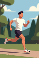 Obraz premium Man jogging on a path through a serene landscape with trees and hills in the background from a side viewpoint