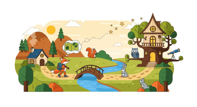 Cartoon character crossing small bridge.
