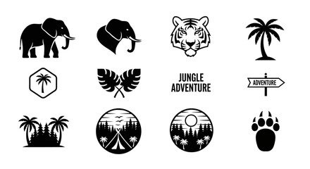 Jungle themed icons and illustrations featuring animal silhouettes © Md