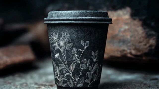 A black coffee cup featuring a decorative flower design on its surface.