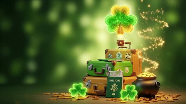 St. Patricks Day travel luggage with gold coin pot glowing shamrocks hot air balloon map and passport. Celebration and journey concept.