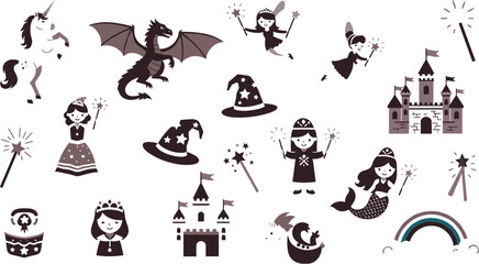 Fairy tale fantasy icons collection with princess, dragon, wizard hat, magic wand, castle and unicorn for children storybook and magical theme design © Md